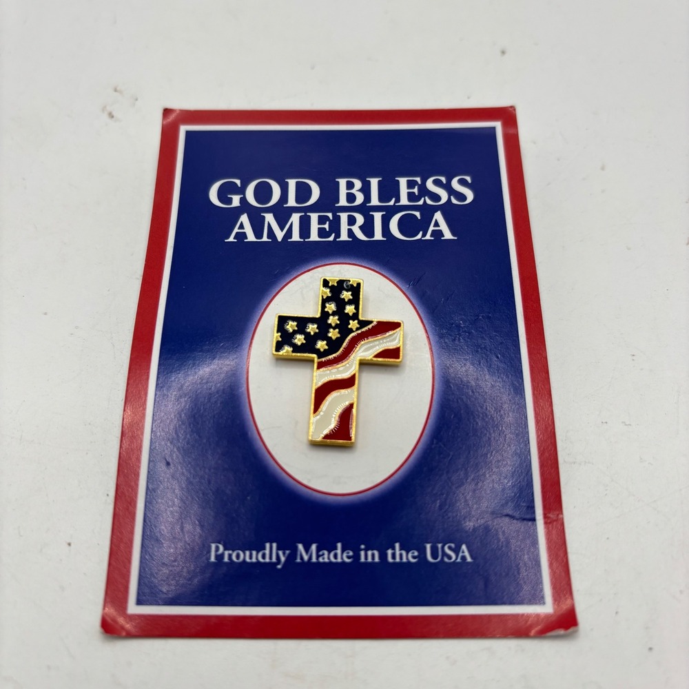 USA American Flag Cross Lapel Pin Gold Tone Enamel Patriotic Christian‎ Made USA